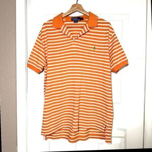 Polo Ralph Lauren Orange and White Striped Green Pony Short Sleeves Shirt Size L